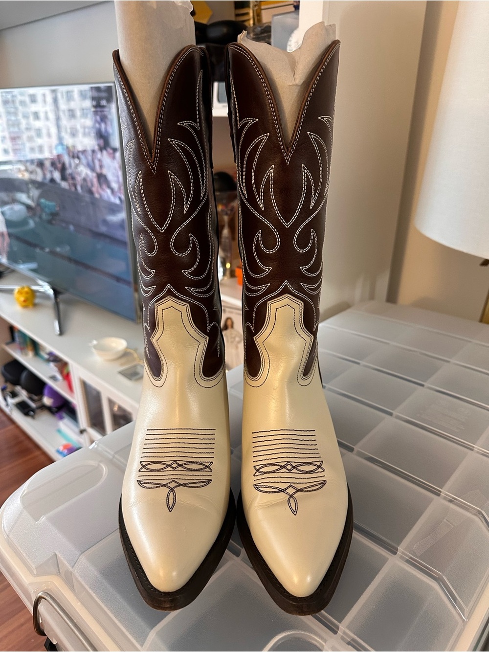 Partlow Rowan Cowboy Boot in Two Tone Brown and White - Picture 8 of 11